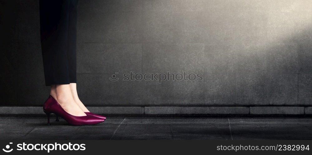 Start Concept. Woman Power. Low Section of Business Female Standing on the Floor. Get Ready for Moving Forward to New Challenge. Cropped Image. Side View