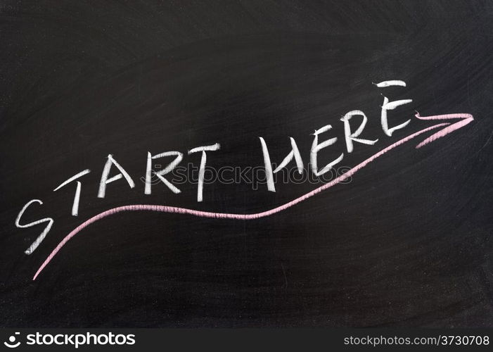 Start here words and arrow drawn on the chalkboard