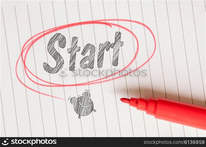 Start note with a red drawn circle and an alarm clock
