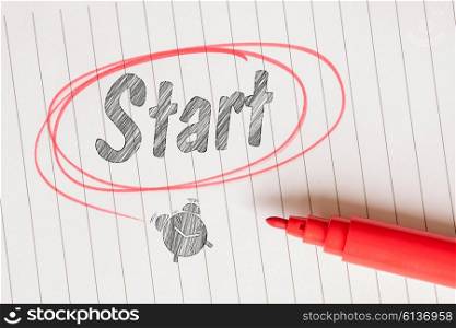 Start note with a red drawn circle and an alarm clock