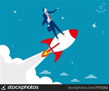 Start up. Businessman standing on rocket ship flying through starry sky. Concept business illustration. Vector flat