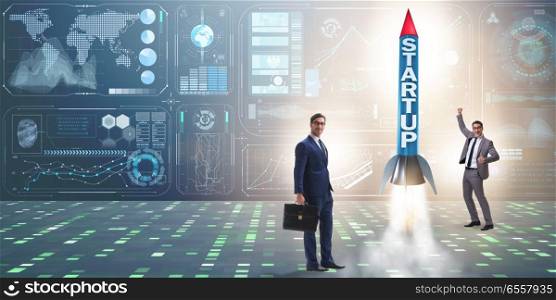 Start-up concept with rocket and businessman