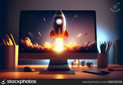 Start Up Concept with Rocket. Illustration AI Generative
