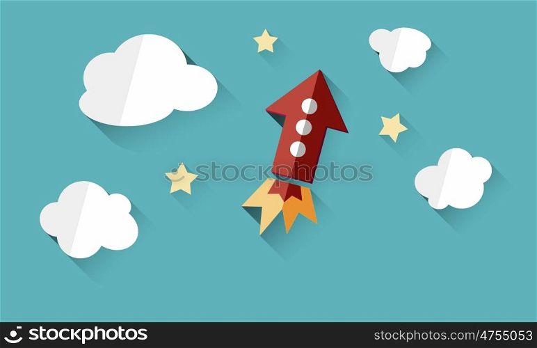 Startup and development concept. Flat flying speedy rocket icon on color background