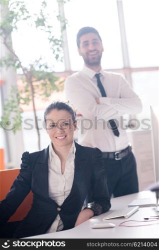 startup business couple portrait at modern bright office interior