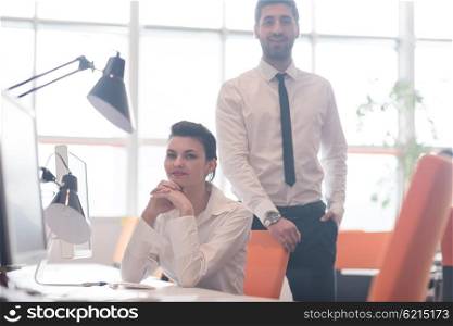startup business couple portrait at modern bright office interior