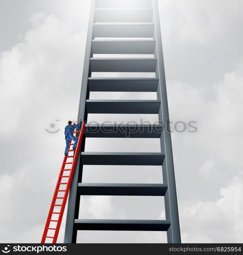 Startup entrepreneur and joining an established business market as a businessman climbing a small ladder to join a bigger one as a success metaphor with 3D illustration elements.
