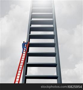 Startup entrepreneur and joining an established business market as a businessman climbing a small ladder to join a bigger one as a success metaphor with 3D illustration elements.