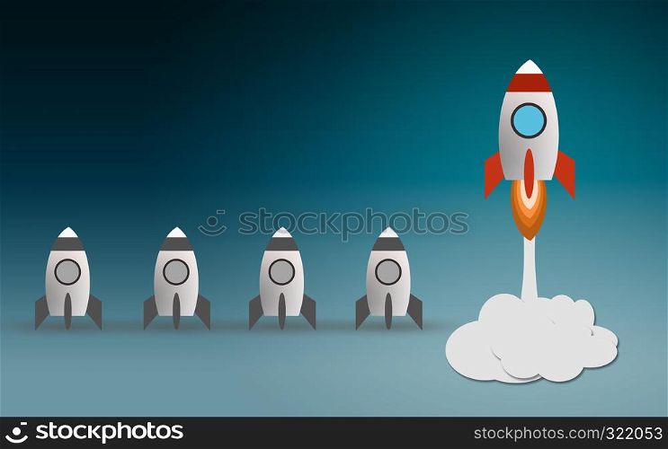 Startup project concept with rocket launch, 3D rendering