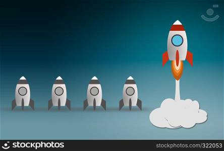 Startup project concept with rocket launch, 3D rendering