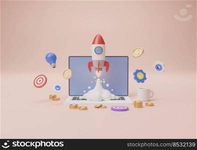 startup rocket launch , business concept, 3D illustration