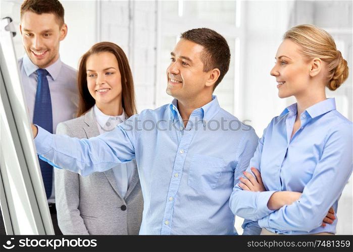 startup, strategy and people concept - happy business team with flip chart at office. happy business team with flip chart at office