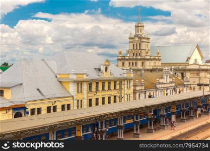 Station building and railway tracks at the Central railway station Brest, Belarus