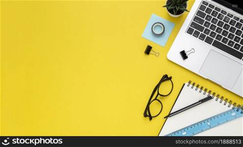 stationery arrangement yellow background with copy space. Resolution and high quality beautiful photo. stationery arrangement yellow background with copy space. High quality and resolution beautiful photo concept