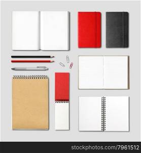 stationery books and notebooks mockup template isolated on grey background. stationery books and notebooks mockup