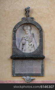 Statue carving on wall at church, Zona Centro, San Miguel de Allende, Guanajuato, Mexico