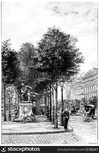 Statue Diderot on the Boulevard Saint-Germain in front of the rue Saint-Benoit, vintage engraved illustration. Paris - Auguste VITU ? 1890.