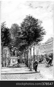 Statue Diderot on the Boulevard Saint-Germain in front of the rue Saint-Benoit, vintage engraved illustration. Paris - Auguste VITU ? 1890.