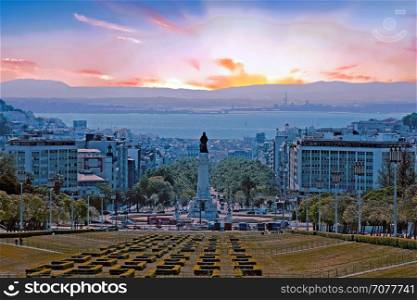 Statue from Eduardo VII park in Lisbon Portugal at sunset