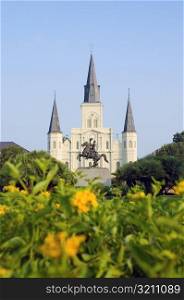 Statue in front of a cathedral, St. Louis Cathedral, Jackson Square, New Orleans, Louisiana, USA