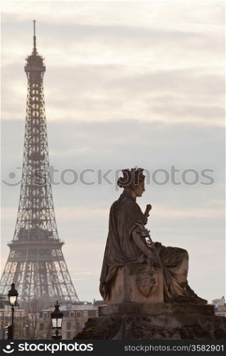 statue Marseille on place de la Concorde and Eiffel Tower in Paris