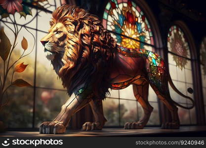 Statue of a lion in the palace against the background of stained glass. Neural network AI generated art. Statue of a lion in the palace against the background of stained glass. Neural network AI generated