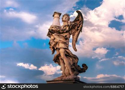 Statue of Angel on Saint Angel Bridge, Rome, Italy. Marble statue of Angel with the Column at sunset, one of the ten angels on Saint Angel Bridge, symbols of Christ&rsquo;s Passion, Rome, Italy