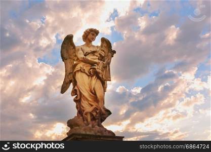 Statue of Angel on Saint Angel Bridge, Rome, Italy. Marble statue of Angel with the Whips at sunset, one of the ten angels on Saint Angel Bridge, symbols of Christ&rsquo;s Passion, Rome, Italy