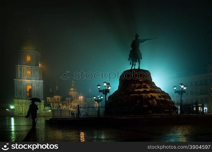 Statue of Bogdan Khemelnitskiy in fog