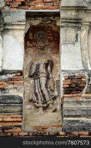 Statue of Buddha on the wall of temple in Ayutthaya. Thailandl