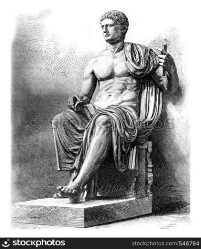 Statue of Claude found these in Herculaneum and Retained at the Museum of Naples, vintage engraved illustration. Magasin Pittoresque 1861.