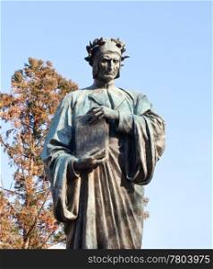 Statue of Dante holding Commedia book in Meridian Hill Park in Washington DC