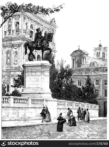 Statue of Etienne Marcel, the front on the pier from the City Hall, vintage engraved illustration. Paris - Auguste VITU ? 1890.