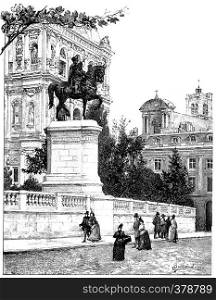 Statue of Etienne Marcel, the front on the pier from the City Hall, vintage engraved illustration. Paris - Auguste VITU ? 1890.