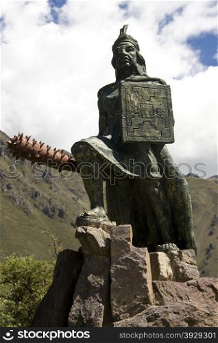 Statue of Inca king at Ollantaytambo in the Sacred Valley of the Incas - Peru in South America