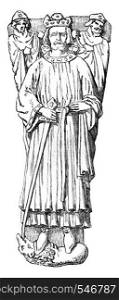 Statue of John Lackland on his tomb in Worcester, vintage engraved illustration. Magasin Pittoresque 1861.