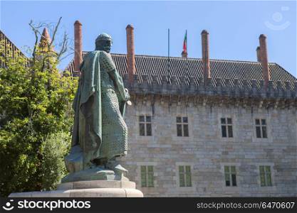 Statue of King Afonso Henriques by the Sacred Hill in the city of Guimaraes. The first king of Portugal in the 12th century. UNESCO World Heritage Site.. King Afonso Henriques