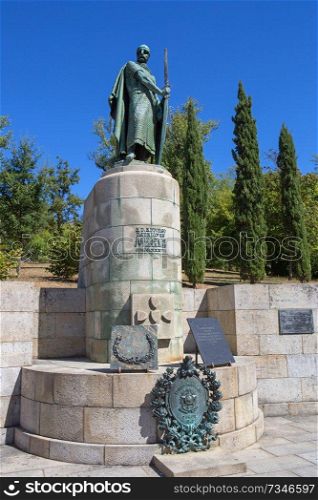 Statue of King Afonso Henriques by the Sacred Hill in the city of Guimaraes. The first king of Portugal in the 12th century. UNESCO World Heritage Site.