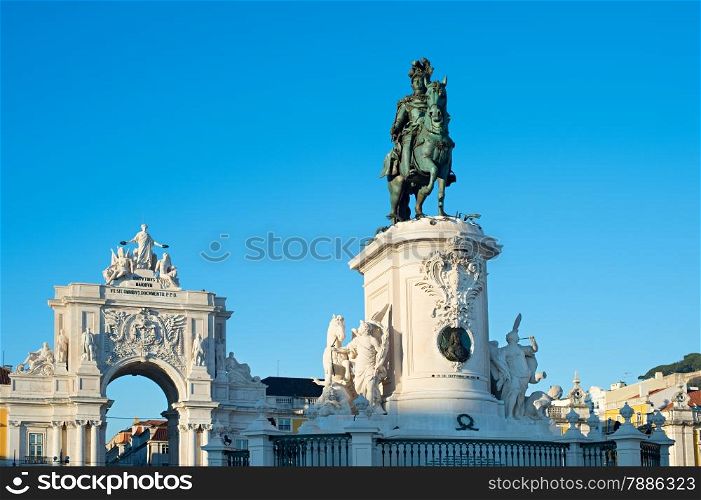 Statue of King Jose I and Rua Augusta Arch in Lisbon, Portugal