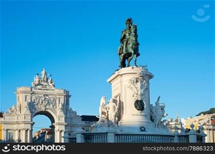 Statue of King Jose I and Rua Augusta Arch in Lisbon, Portugal