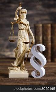 Statue of lady justice, Law concept and paragraph. Mallet, Law, legal code and scales of justice concept and paragraph sign