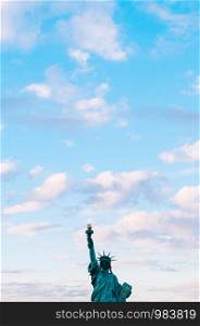 Statue of Liberty at Odaiba Tokyo - Japan aginst beautiful blue evening sky. Replica of original monument in New York. With copy space on top