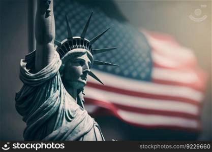 Statue of Liberty on the background of the American flag. Democracy and freedom concept. Neural network AI generated. Statue of Liberty on the background of the American flag. Democracy and freedom concept. Neural network AI generated art