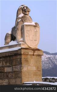 Statue of lion with shield in the city of Veliko Tarnovo in the winter