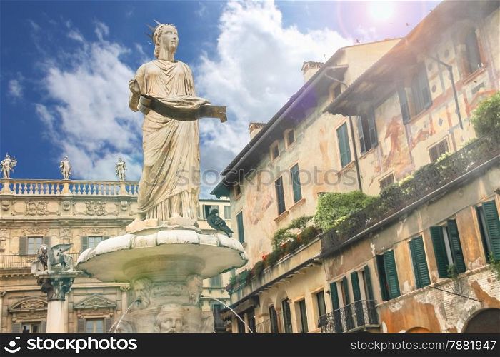 Statue of Madonna on Piazza delle Erbe in Verona, Italy