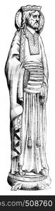 Statue of Merovingian king, Cloitre Saint Denis, vintage engraved illustration. Magasin Pittoresque 1843.