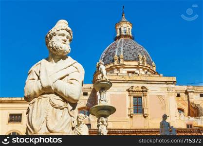 Statue of old man in The Praetorian Fountain by Francesco Camilliani (Fountain of Shame, 1574) in Palermo, Sicily, Italy