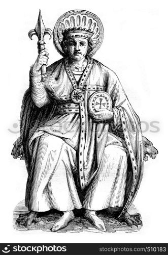 Statue of Pepin, in the church of Fulda, vintage engraved illustration. Magasin Pittoresque 1843.