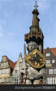 Statue of Roland in the Bremer Marktplatz (town hall square) in the city of Bremen in Germany. Erected in 1404, Roland is the legendary protector of the city. The statue, along with the town hall, are a UNESCO World Heritage Site.
