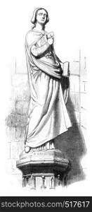 Statue of Sabina, was the cathedral of Strasbourg, vintage engraved illustration. Magasin Pittoresque 1845.